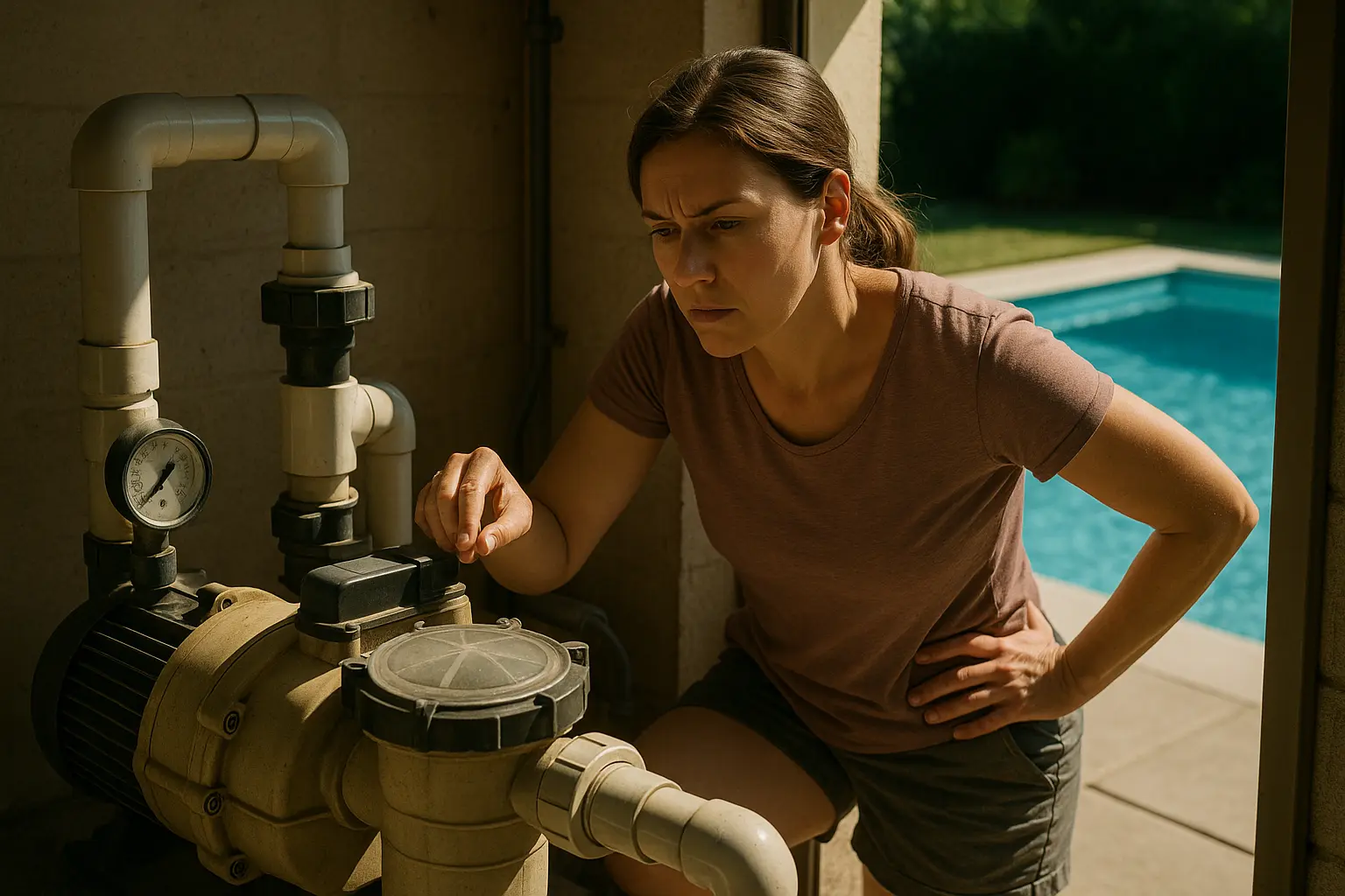 Une femme examine une pompe de piscine silencieuse