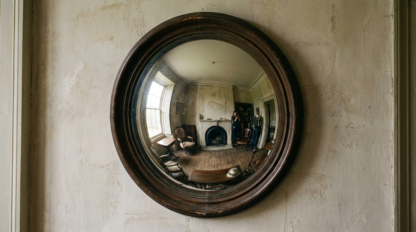 Miroir œil de sorcière ancien avec verre convexe reflétant un salon déformé