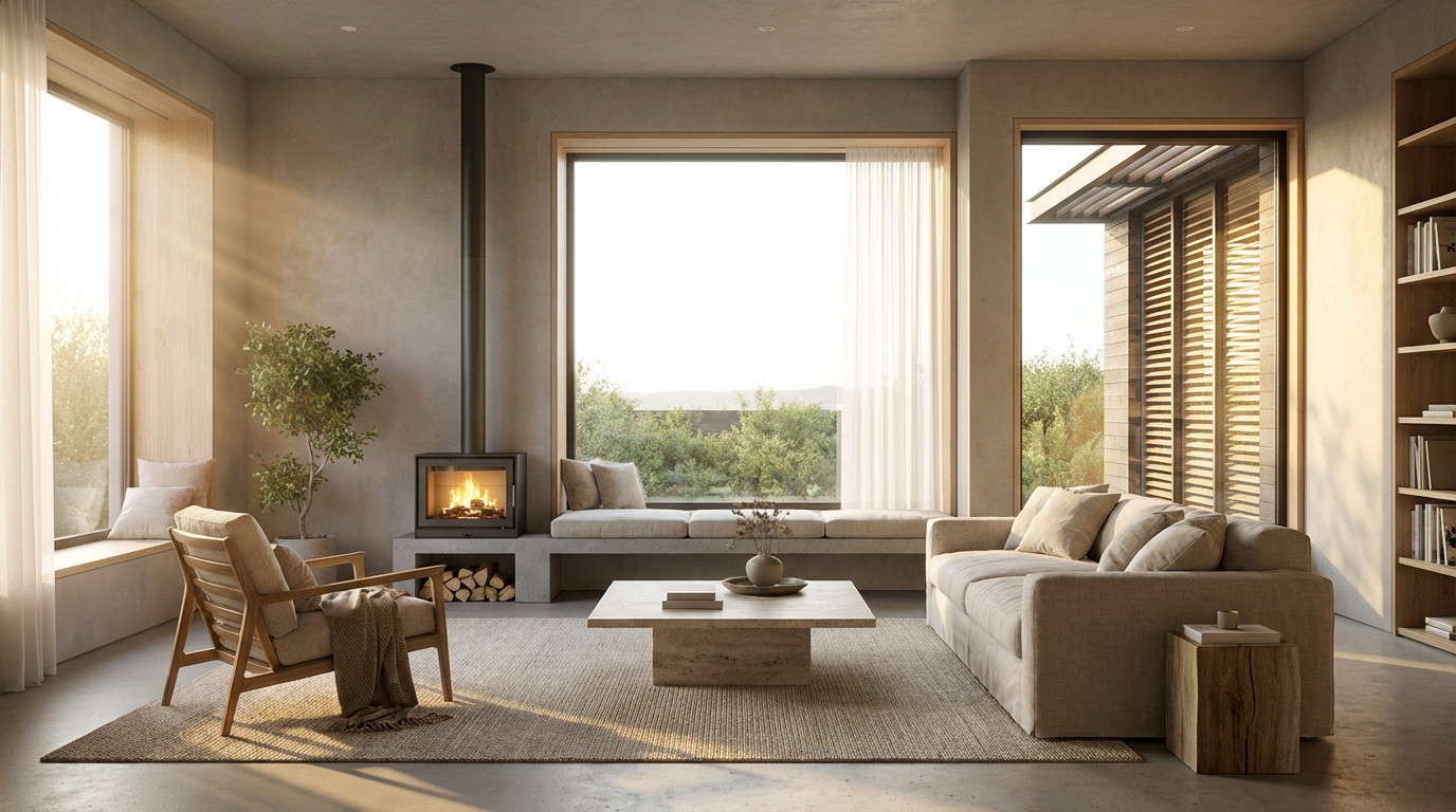 Salon lumineux avec grandes baies vitrées optimisant l'apport solaire