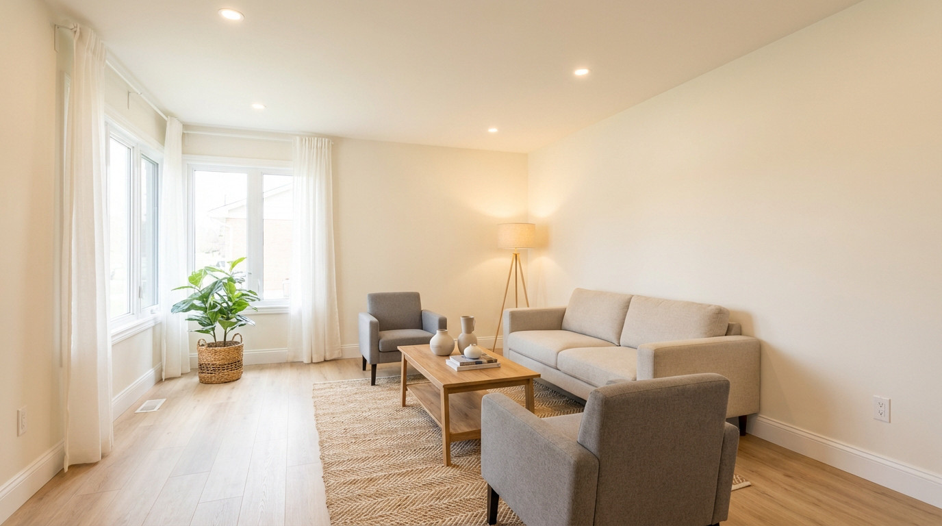 Salon lumineux et moderne après rénovation pour la vente