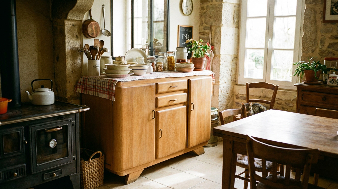 Buffet Mado vintage en bois restauré dans une cuisine rétro chaleureuse