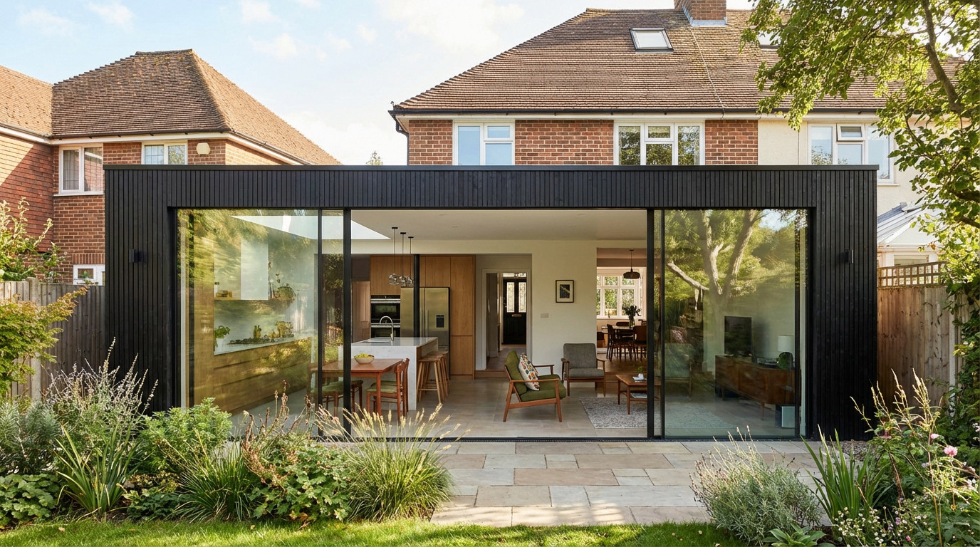 Extension de maison moderne vitr&eacute;e accol&eacute;e &agrave; une maison traditionnelle en pierre