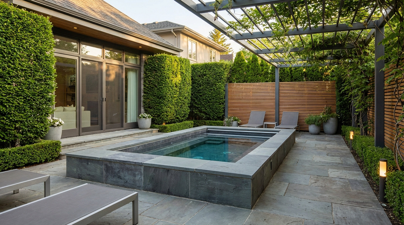 Installation spa extérieur moderne sur une terrasse en bois bien aménagée avec brise-vue