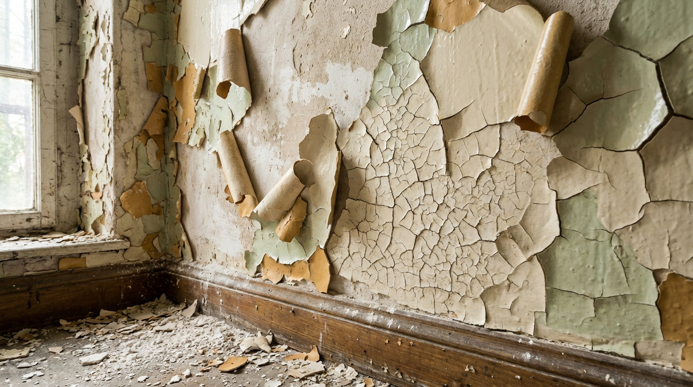 Mur ancien présentant une peinture écaillée et craquelée typique de la présence de plomb