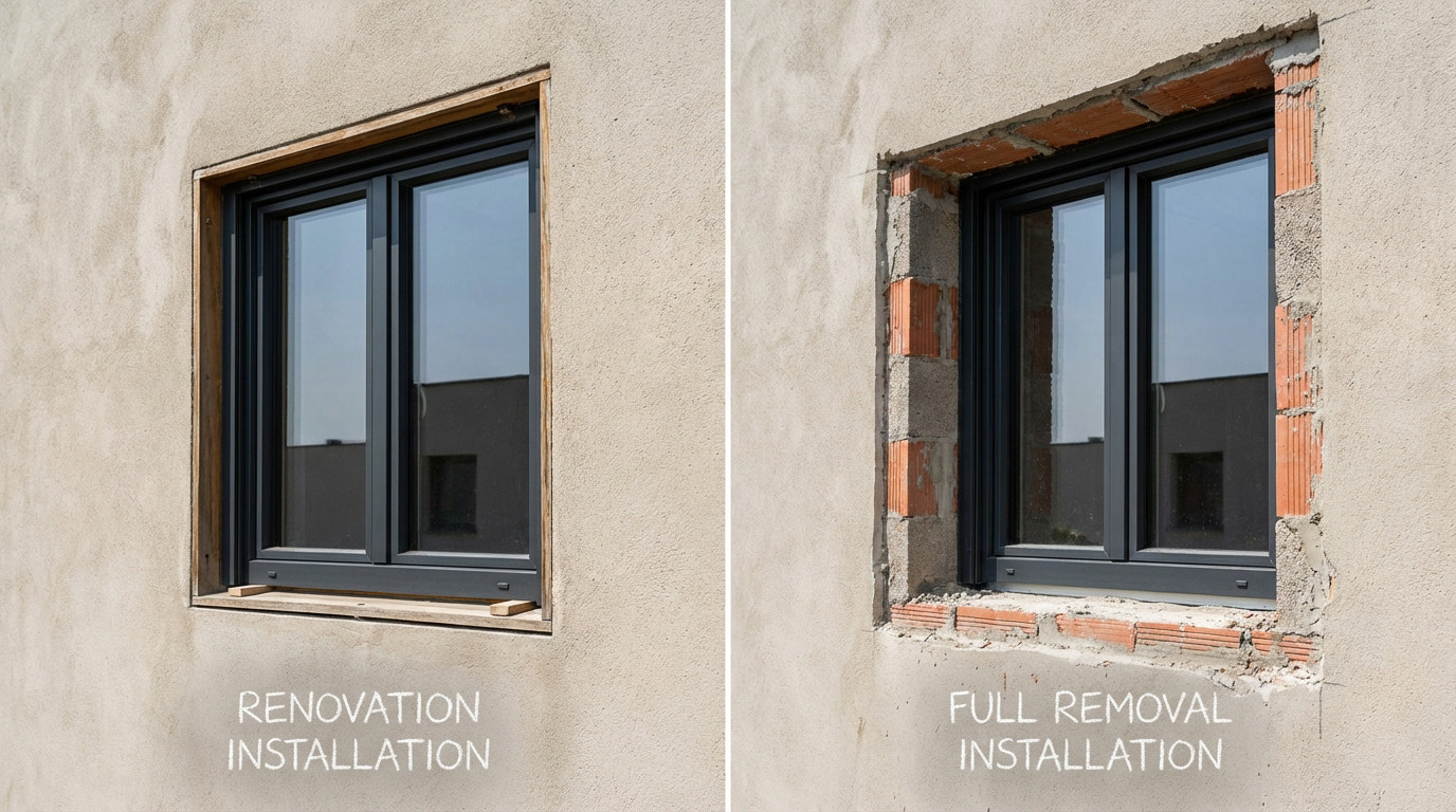 Comparaison visuelle entre une pose de fenêtre en rénovation sur dormant existant et une dépose totale avec maçonnerie