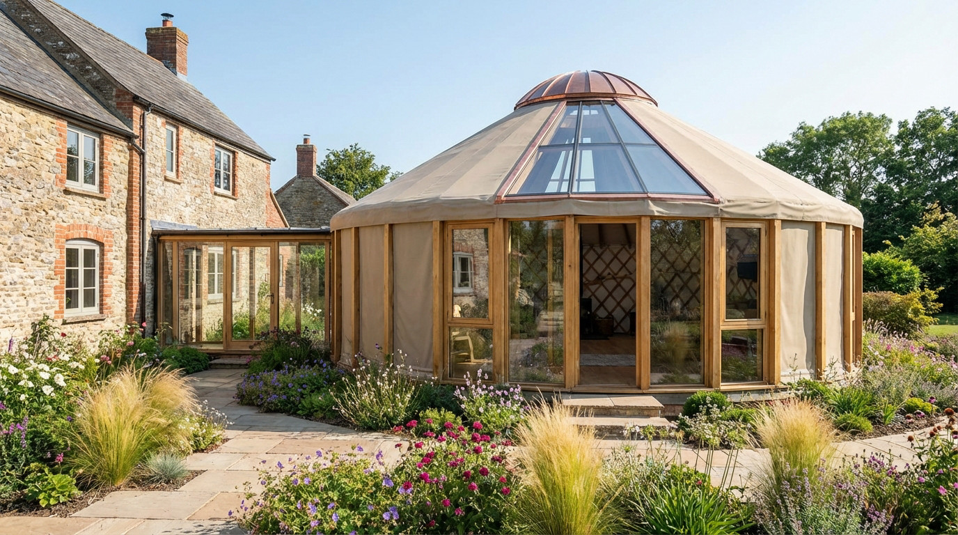 Extension maison yourte moderne et lumineuse installée dans un jardin verdoyant