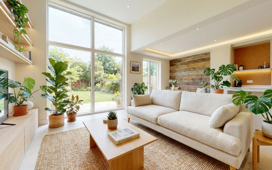 A bright, modern living room featuring a neutral sofa, wooden coffee table, and lush plants. Large windows overlook a garden, with a reclaimed wood accent wall.