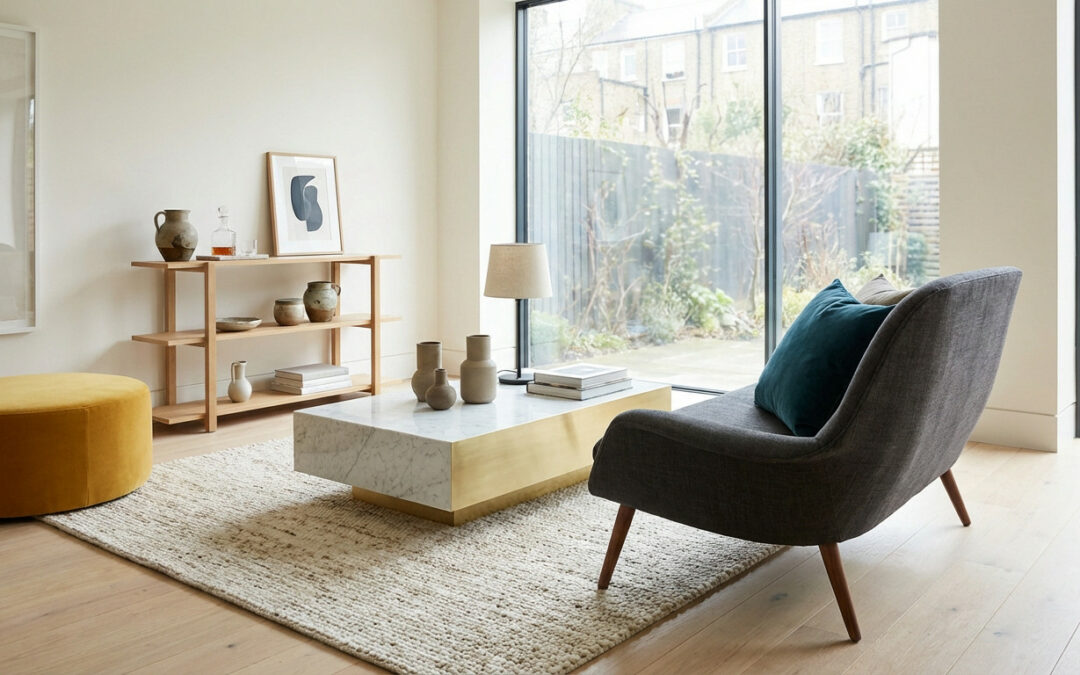 A contemporary living room with a gray lounge chair, marble coffee table, yellow ottoman, and wooden shelf, bathed in natural light.