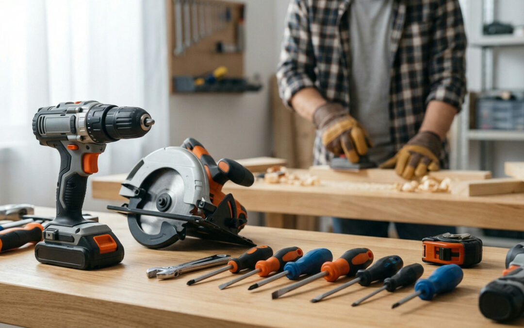Modern power and hand tools (drill, saw, screwdrivers) with bright accents on a wooden workbench. Blurred person sands wood in background.