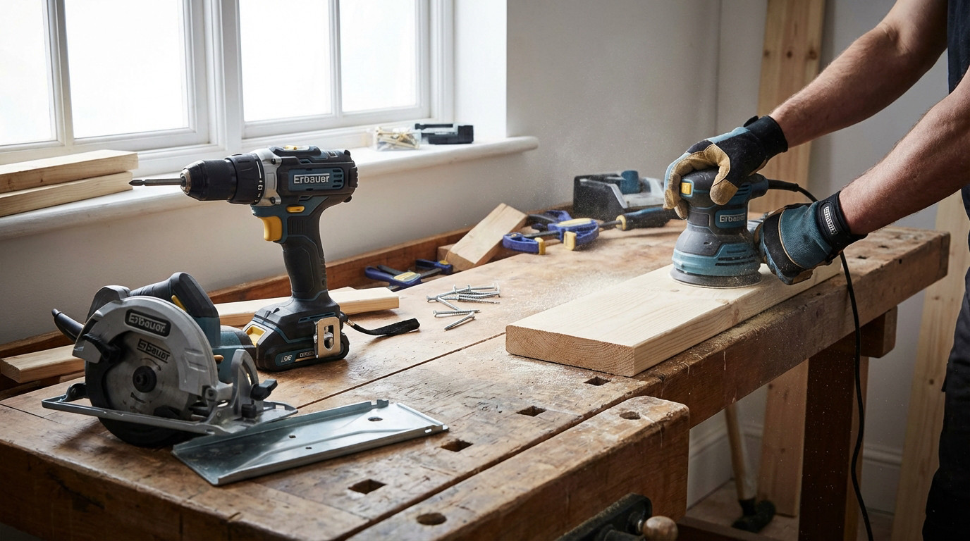Atelier de bricolage avec des outils électroportatifs Erbauer posés sur l'établi