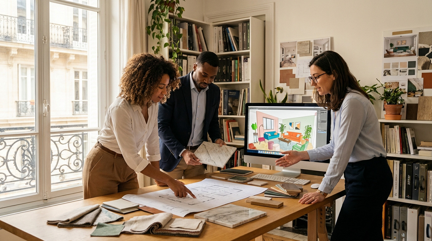 Équipe d'experts en architecture d'intérieur Tooplans examinant des plans et des rendus 3D pour un projet de rénovation écologique