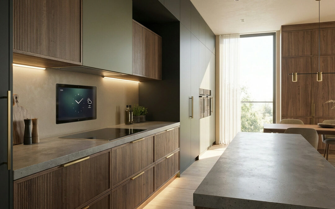 Wide-angle shot of a sophisticated 2026 kitchen with textured wood, polished concrete, smart display, and natural light.