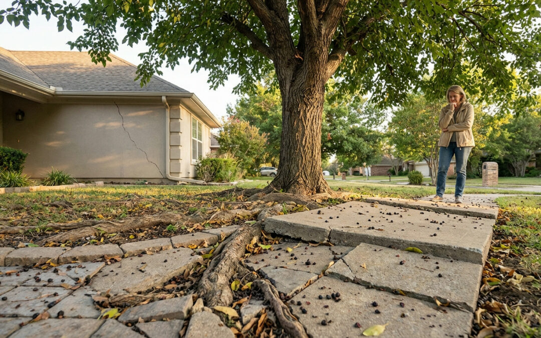 Woman inspects concrete path uplifted by hackberry tree roots, scattered berries, and a house with a foundation crack.