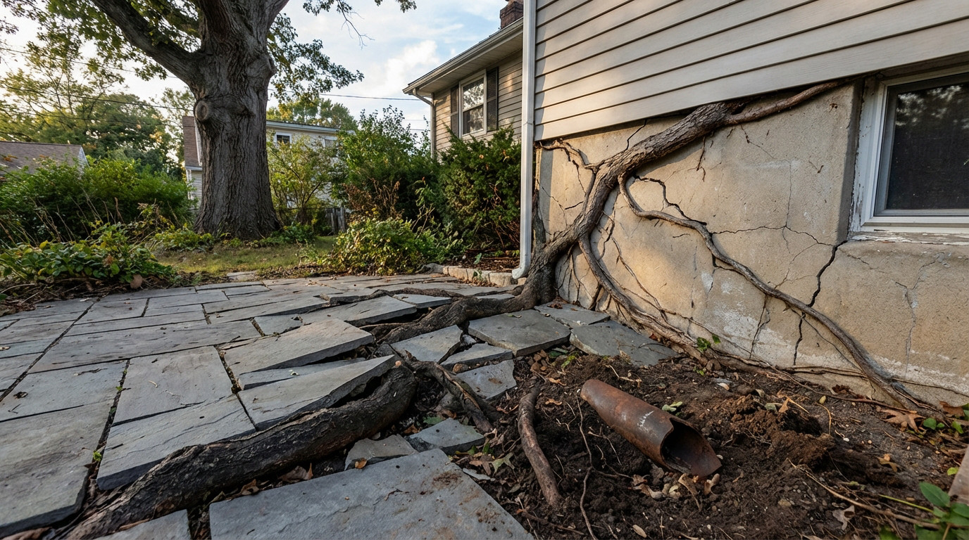Dégâts structurels importants causés par les racines envahissantes d'un micocoulier sur une terrasse pavée