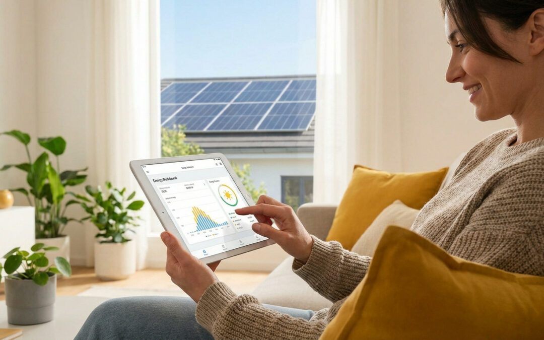 Smiling woman uses tablet to view solar energy dashboard in a bright home, with solar panels on a roof outside.