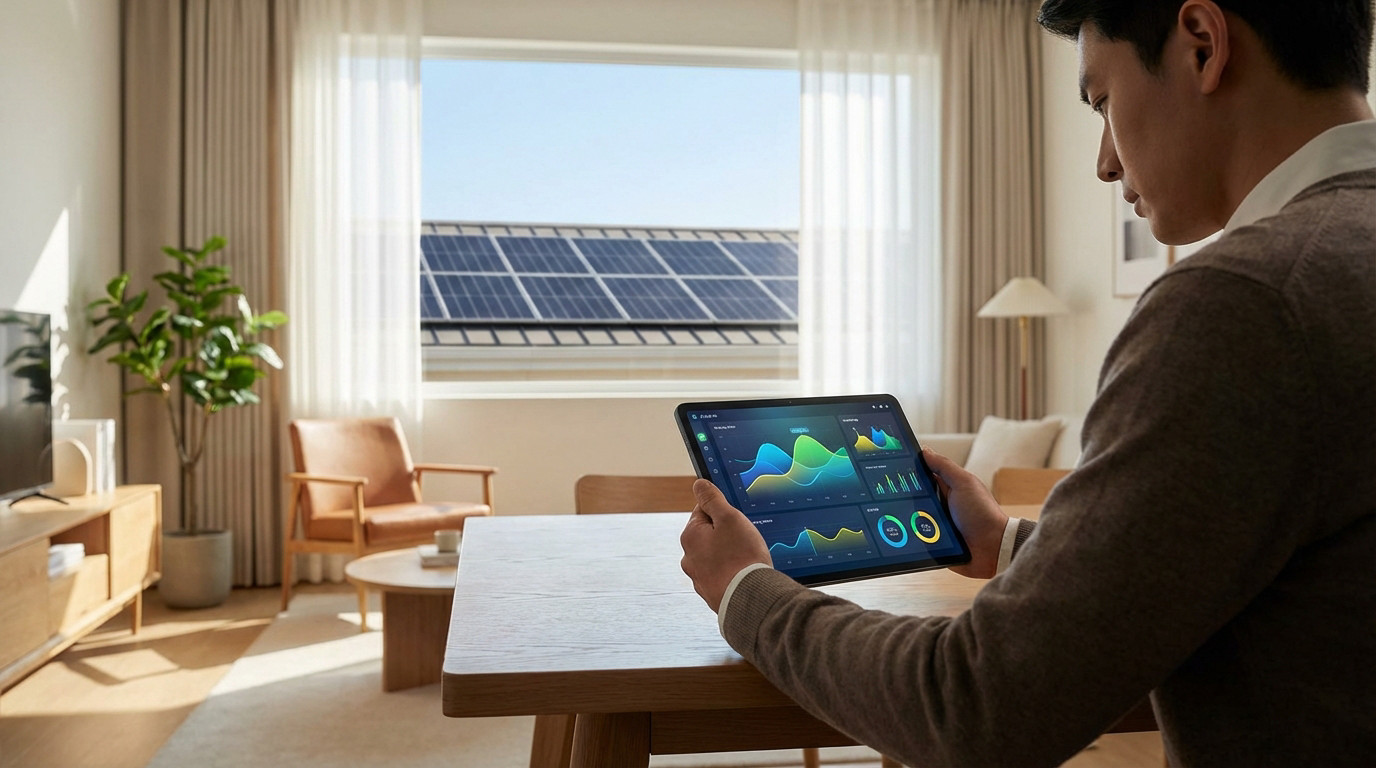 Tablette affichant le suivi de production solaire en temps réel dans une maison moderne