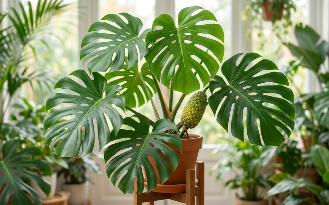 A vibrant Monstera Deliciosa plant with large fenestrated leaves and a ripening green and yellow fruit, set against a blurred lush indoor background.
