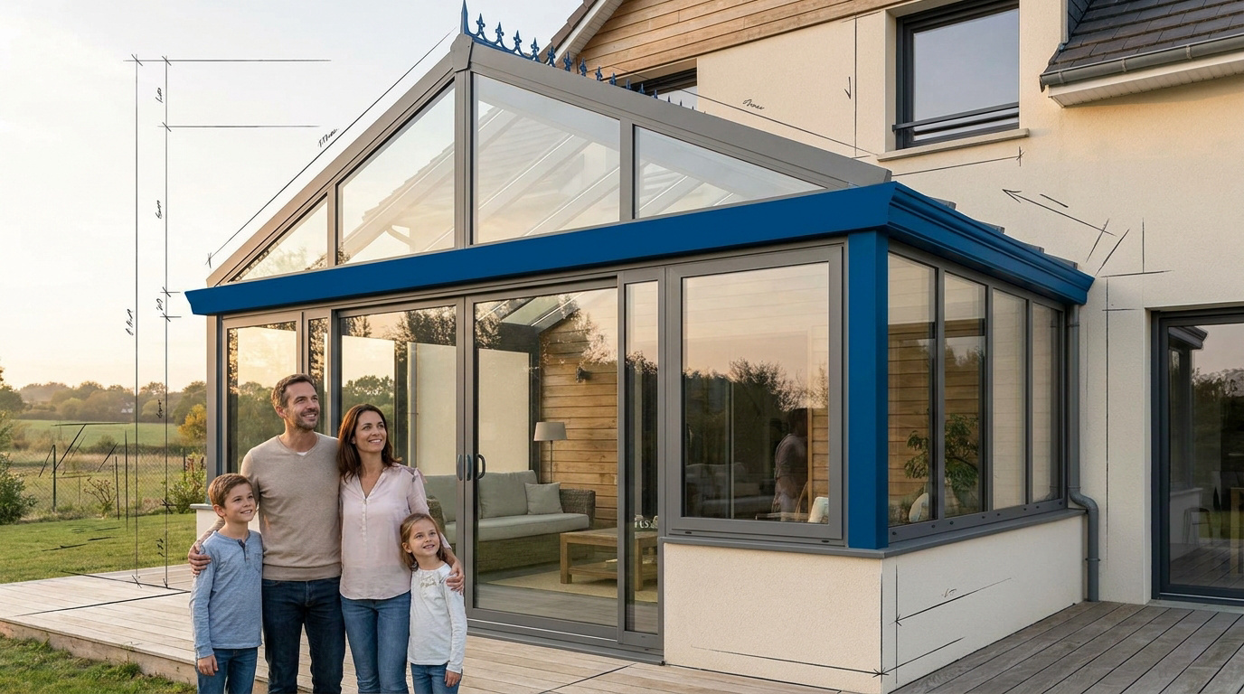 Famille souriante profitant de la luminosit&eacute; d'une v&eacute;randa moderne en aluminium