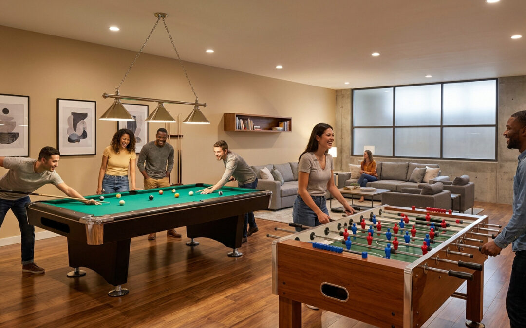 Groupe d'amis jouant au billard et au baby-foot dans un sous-sol aménagé et moderne.