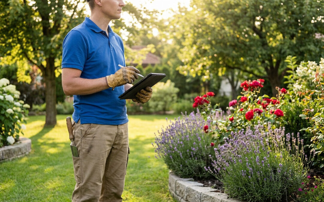 Un jardinier portant des gants de travail utilise une tablette numérique dans un jardin ensoleillé pour établir un devis.