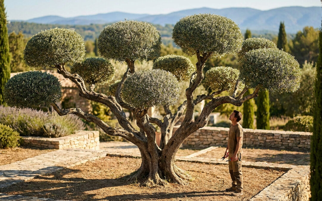Un jardinier observe un olivier taillé en forme de nuages dans un jardin ensoleillé.