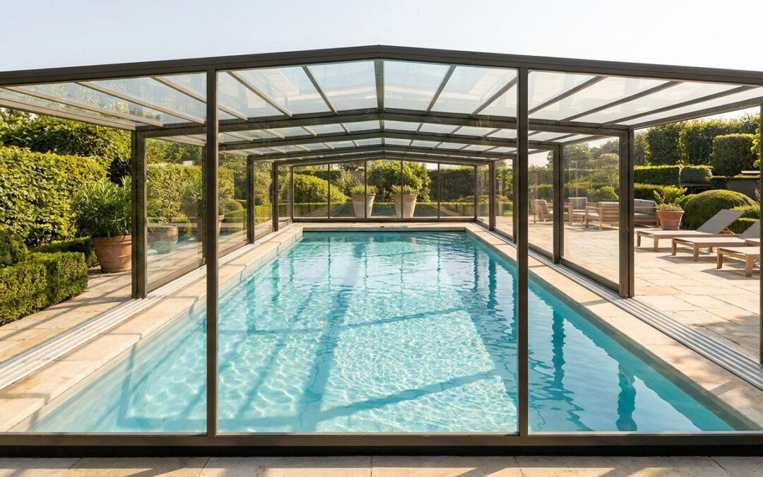 Piscine rectangulaire entourée d'un abri vitré haut dans un jardin paysager.